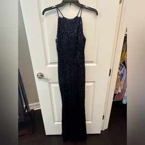 Aqua floor length sequined navy dress